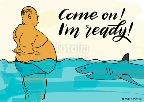 500x354 Potbelly Bald Man And Shark Battle In The Sea Inscription Come