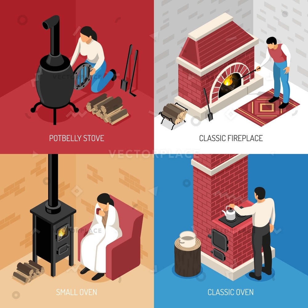 1000x1000 Classic Fire Place Potbelly Stove Various Vector Illustration
