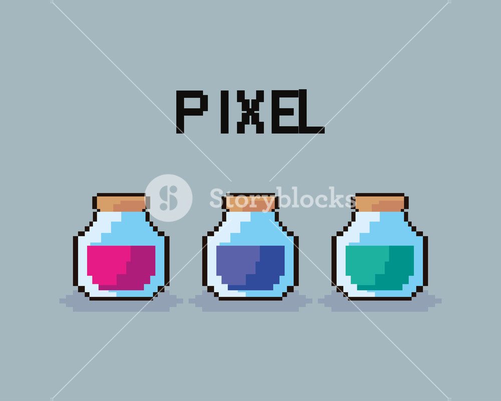 1000x800 Pixelated Potion Bottles Over Gray Background, Vector Illustration