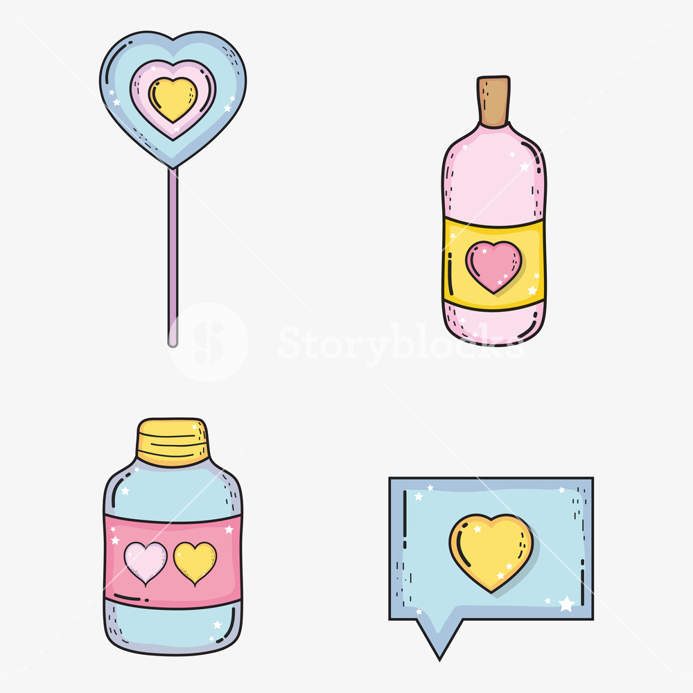 Set Heart Lollipop And Bottle With Love Pills And Potion Vector 1000x1000 Set Heart Lollipop And Bottle With Love Pills And Potion Vector