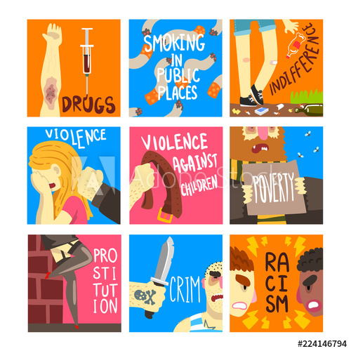 500x500 Social Problems Set, Banner Templates About Indifference, Drugs
