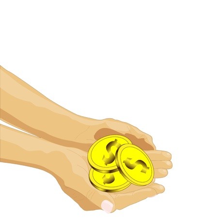 421x450 Outstretched Arms With Three Coins, Concept On Poverty, Vector