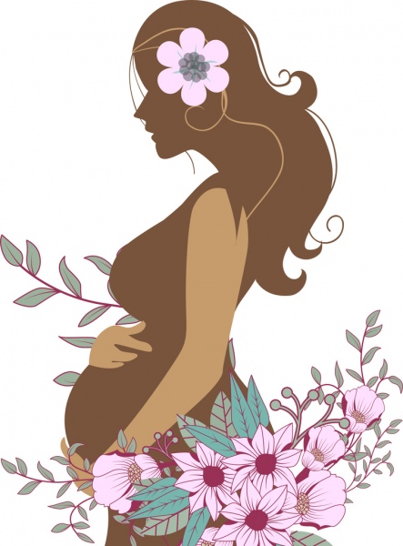 443x600 Pregnant Woman And Flowers Sketch Colored Silhouette Style Free