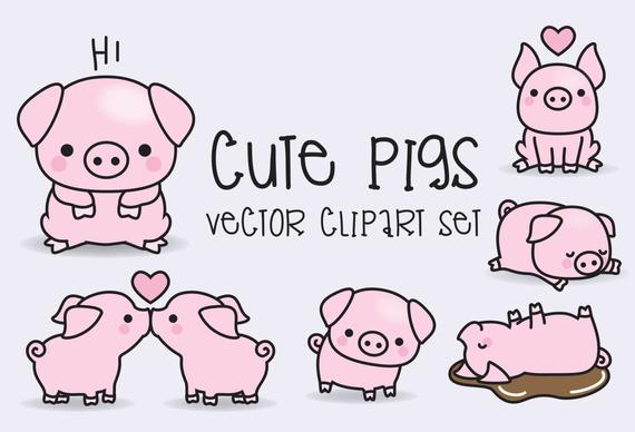 570x388 Premium Vector Clipart Kawaii Pigs Cute Pigs Clipart Set Etsy