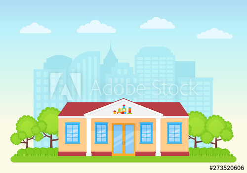 Preschool Building Exterior On Landscape Background Vector 500x350 Preschool Building Exterior On Landscape Background Vector