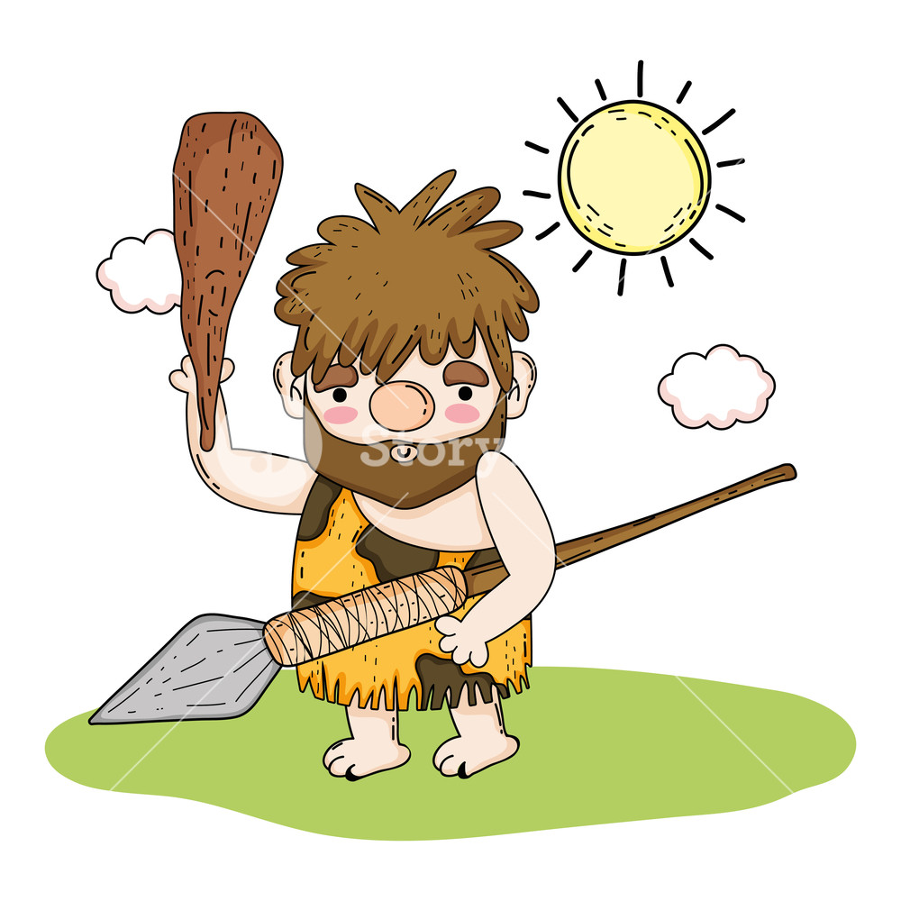 1000x1000 Primitive Man Hunting With Spear And Mallet Vector Illustration