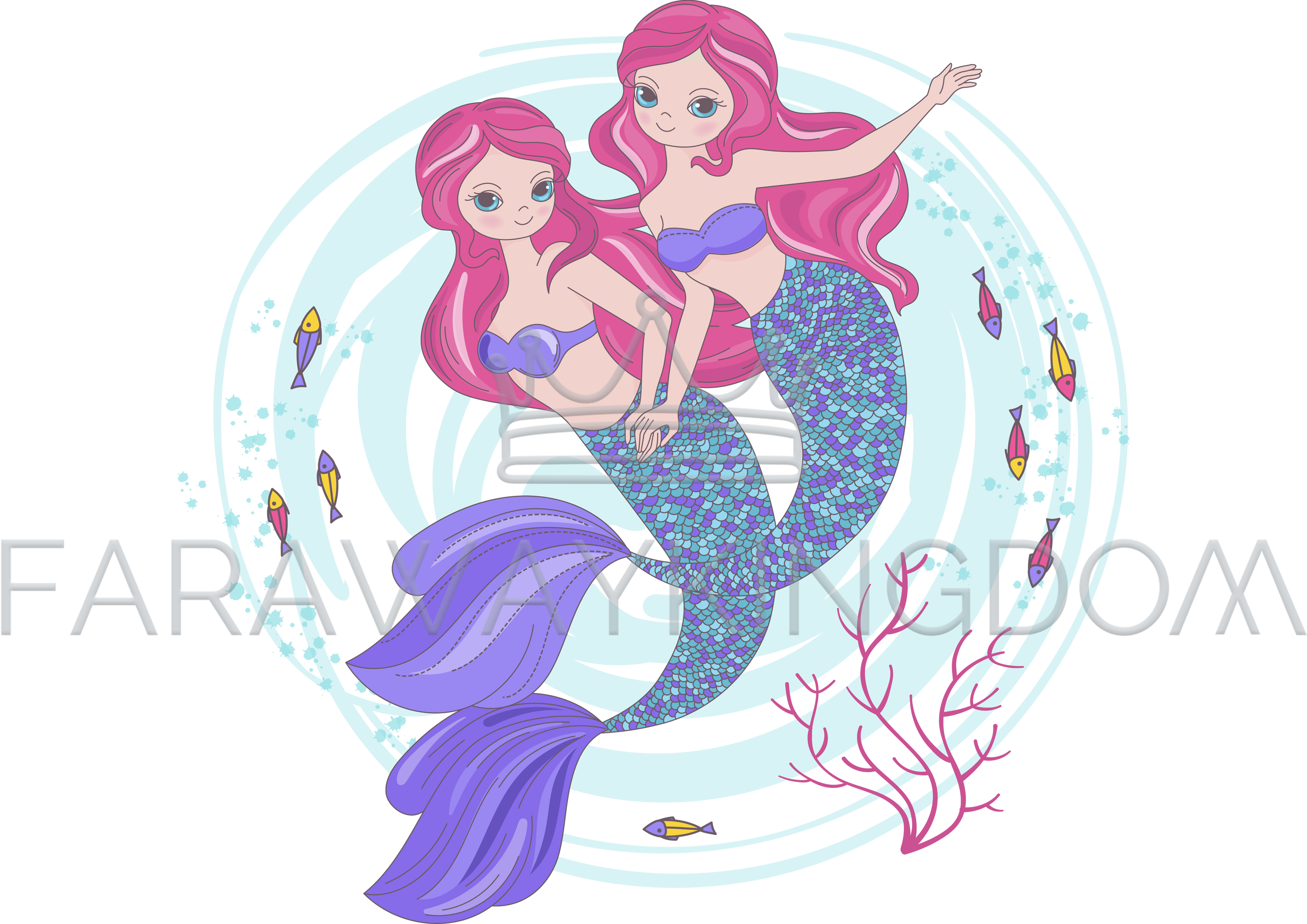 3508x2480 Mermaid Sisters Cartoon Tropical Princess Vector Illustration Set