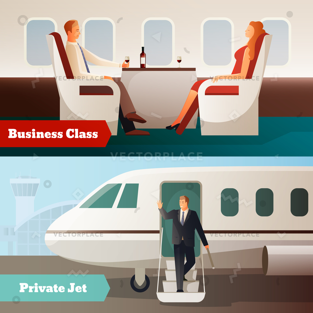 1000x1000 Trip Airplane Horizontal Banners Private Jet Vector Illustration