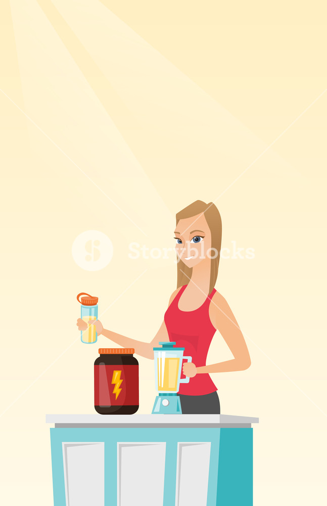 647x1000 Sportswoman Making Protein Shake Using Blender Woman Preparing