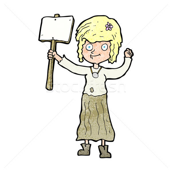 600x600 Cartoon Hippie Girl With Protest Sign Vector Illustration