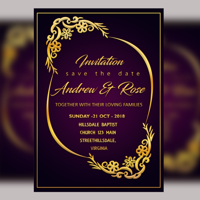 640x640 Purple Wedding Invitation Card Template With Vector Royal