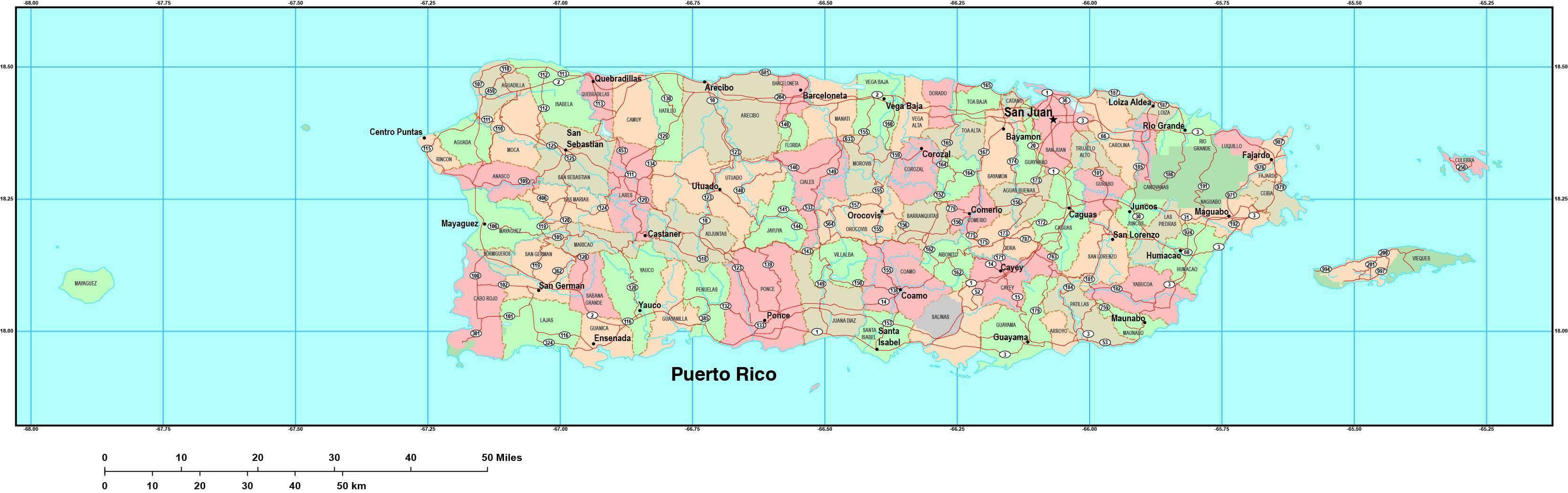 3317x1045 Digital Puerto Rico Map In Adobe Illustrator Vector Format