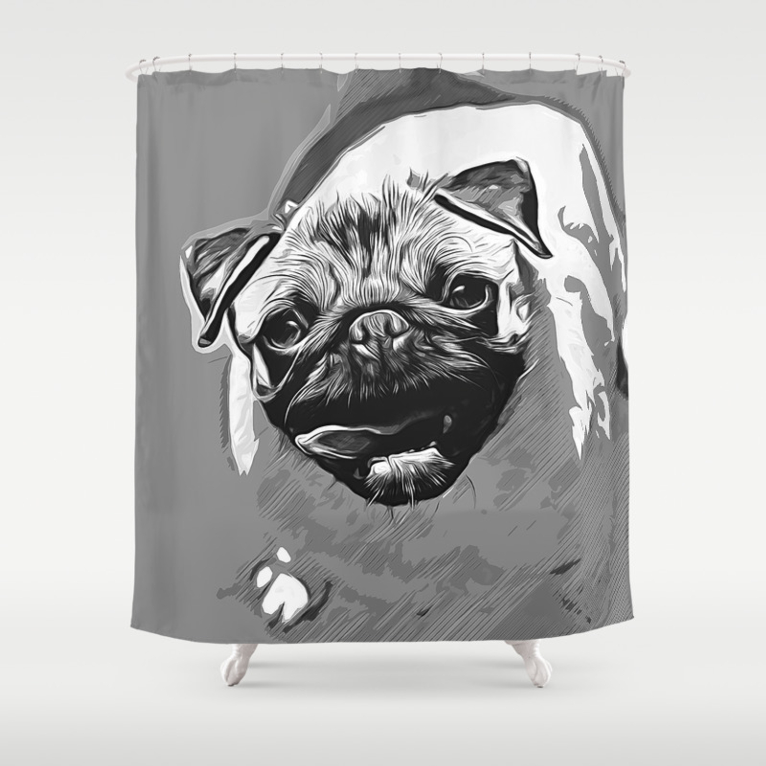 1500x1500 Hungry Pug Dog Vector Art Black White Shower Curtain