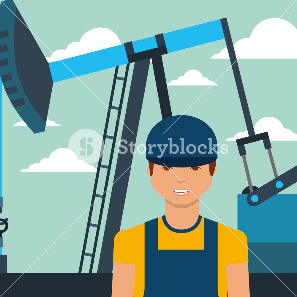 1000x1000 Worker Man And Pump Jack Oil Industry Vector Illustration Royalty