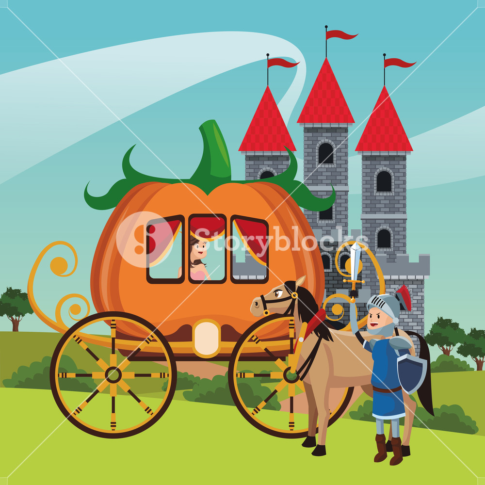 1000x1000 Kingdom Medieval Warrior And Horse With Pumpkin Carriage Vector