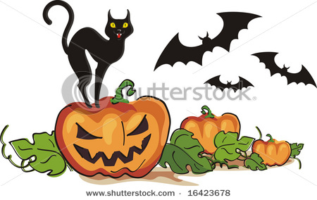 450x284 Vector Clipart Halloween Pumpkin Patch With Bats And Black Cat