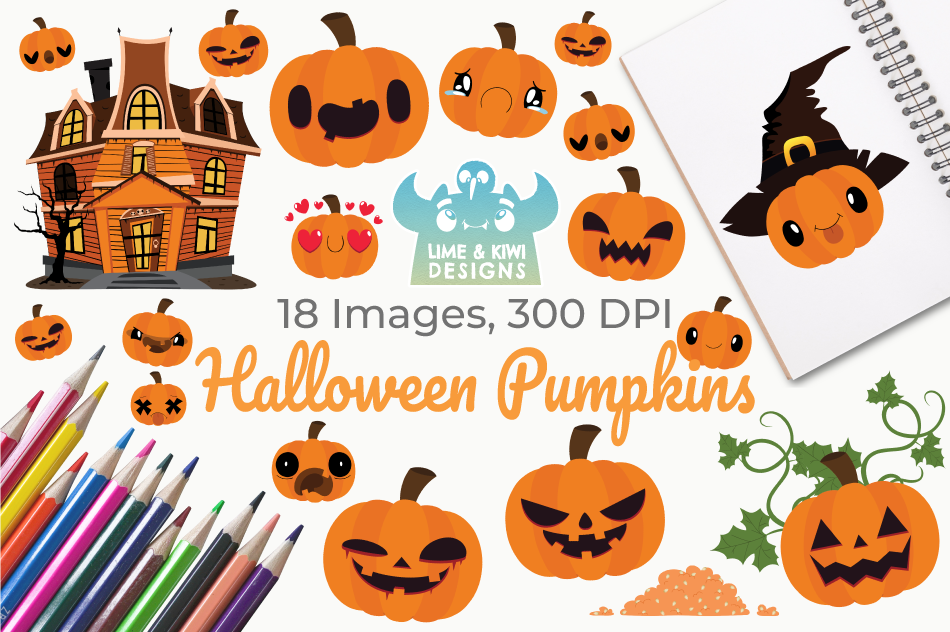 950x632 Halloween Pumpkins Clipart, Instant Download Vector Art