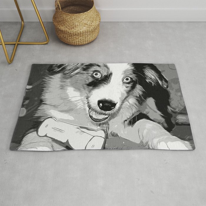 700x700 Australian Shepherd Aussie Dog Puppy Vector Art Black White Rug
