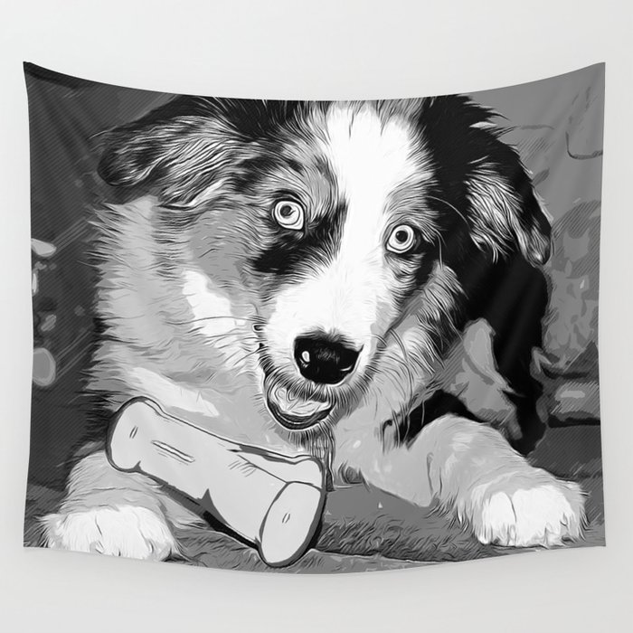 700x700 Australian Shepherd Aussie Dog Puppy Vector Art Black White Wall