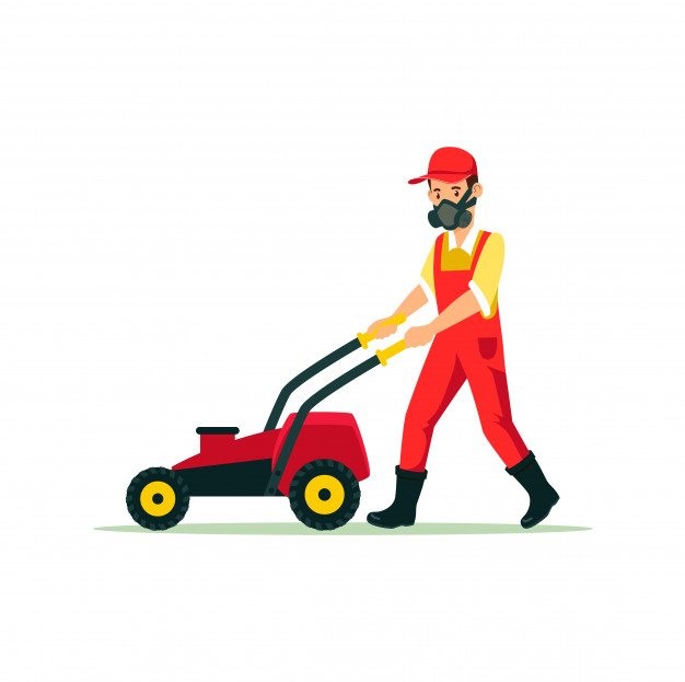 626x623 Gardener With Lawn Mower Cartoon Illustration Vector Premium