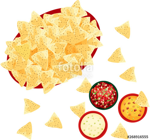 500x468 Basket Of Tortilla Corn Chips With Salsa, Queso, And Cheese Dip