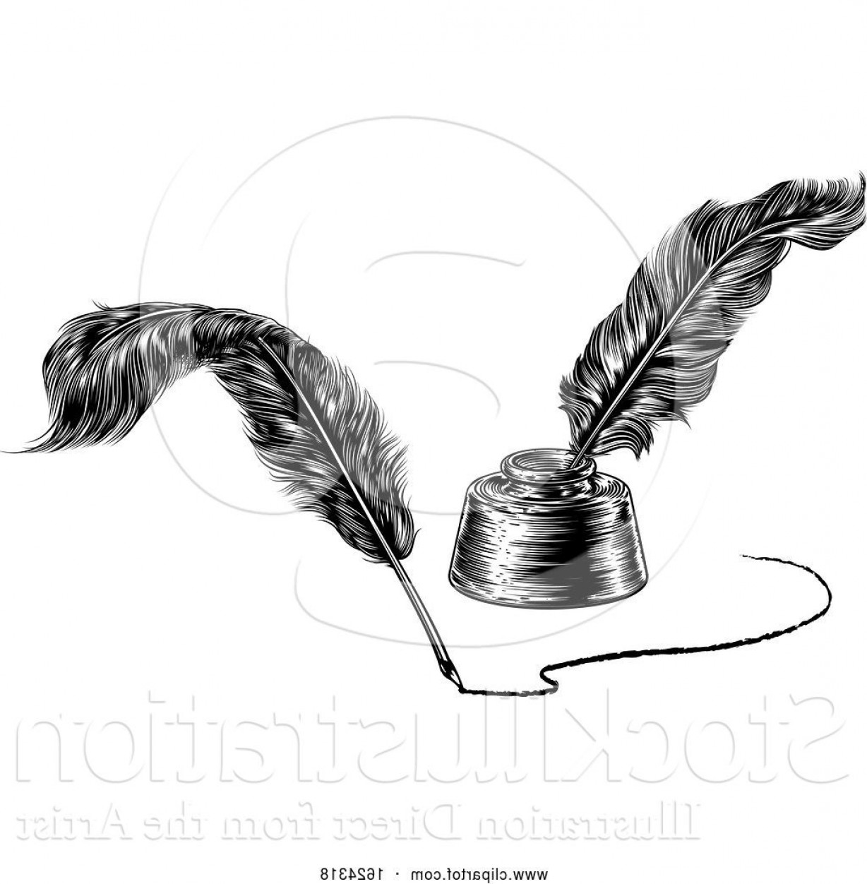 1228x1252 Vector Illustration Of Two Quill Feather Pens And Inkwell