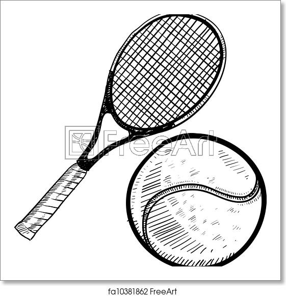 561x581 Free Art Print Of Tennis Ball And Racquet Sketch Doodle Style