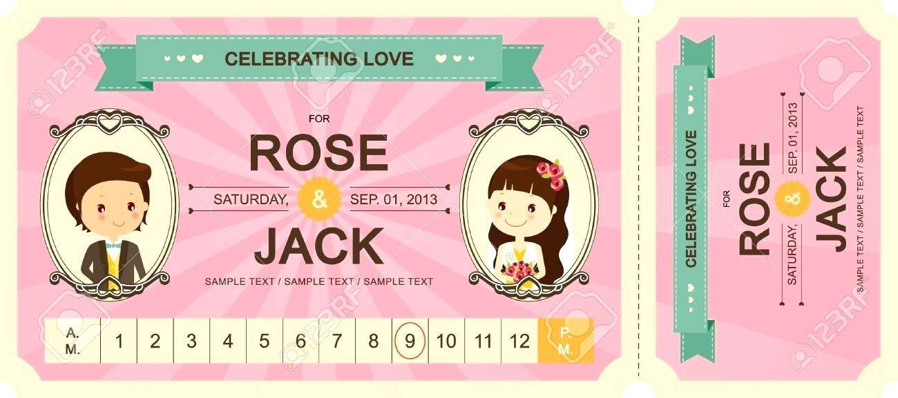 1300x577 Cute Ticket Wedding Invitation Card Template Vector Illustration