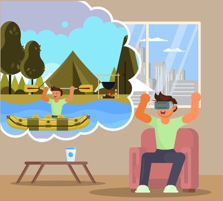 450x405 Virtual Reality Rafting Vector Illustration Boy In Vr Headset