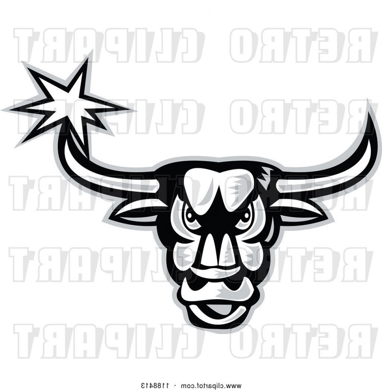 1228x1252 Vector Clip Art Of Retro Grayscale Angry Bull With A Star On His