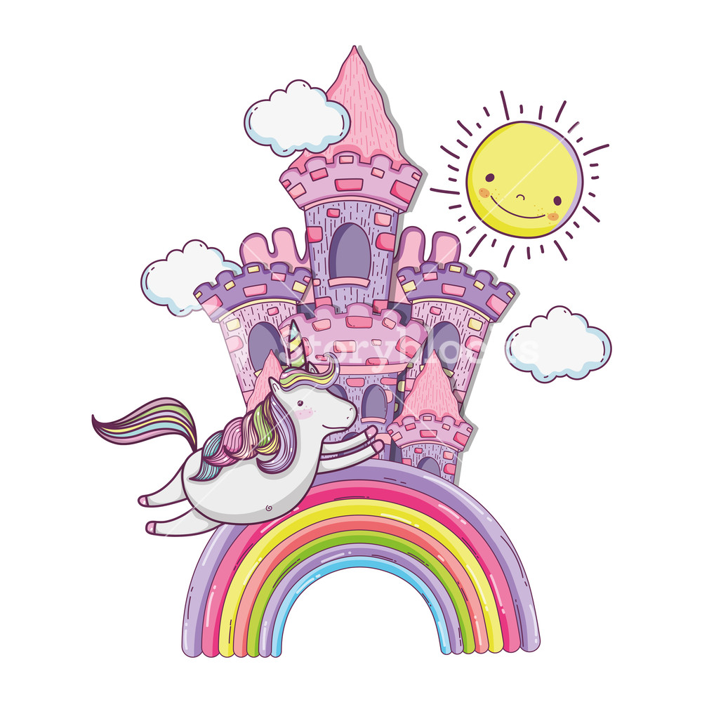 Fairytale Castle With Rainbow And Unicorn Vector Illustration 1000x1000 Fairytale Castle With Rainbow And Unicorn Vector Illustration