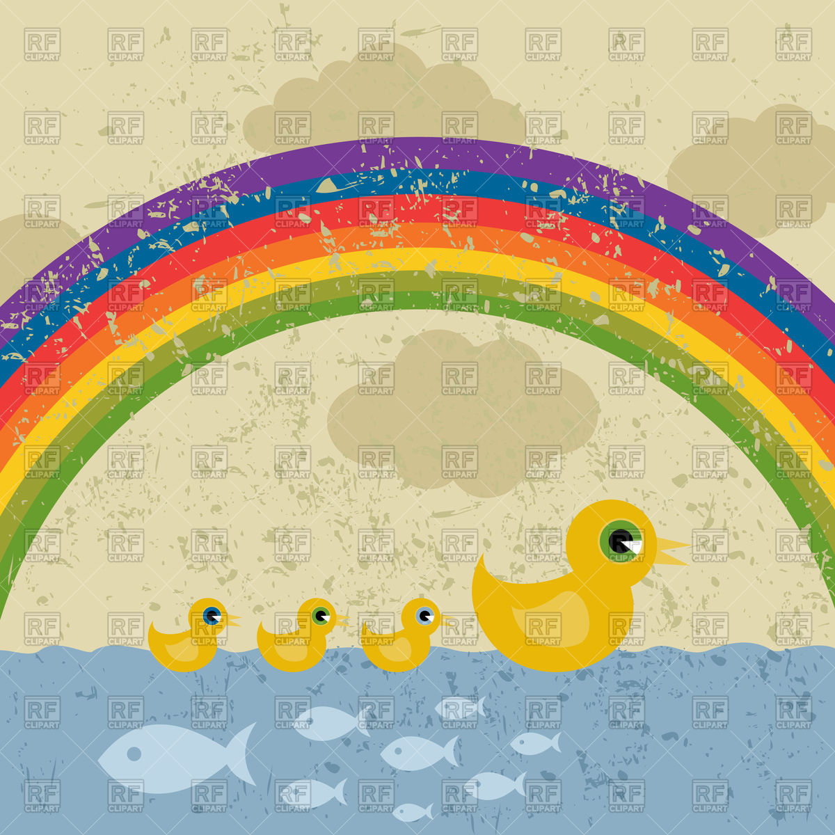 1200x1200 Duck And Ducklings Float On Water With Rainbow Vector Image