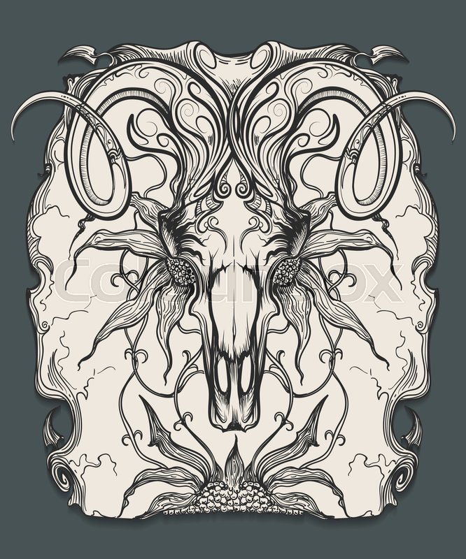 666x800 Ram Skull With Horns And Flowers Stock Vector Colourbox