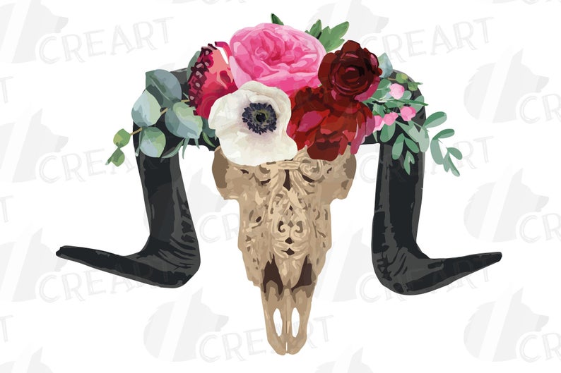 794x529 Carved Ram Skull Watercolor Floral Ram Skull Clipart Indian Etsy