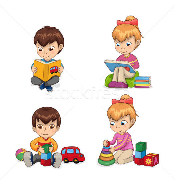 566x600 Attentive Children Reading Vector Illustration Vector Illustration