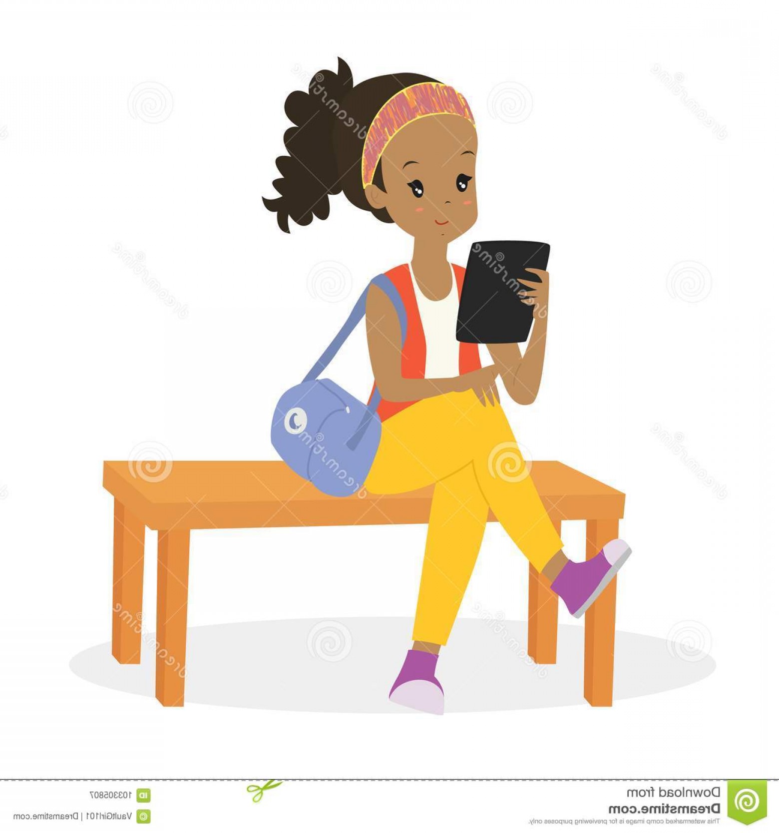 1560x1668 Cartoon African American Woman Reading E Reader Sitting Bench