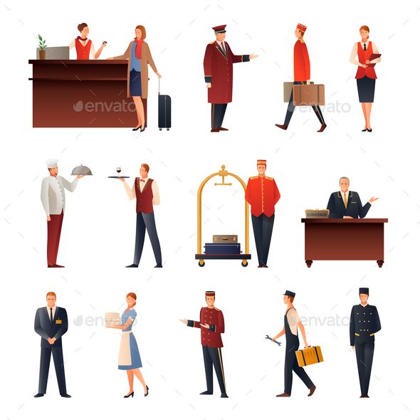 590x590 Hotel Staff Set Of Flat Gradient Icons With Manager, Doorman