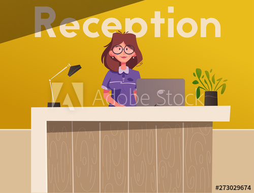 500x381 Reception Desk Hotel Receptionist Character Cartoon Vector