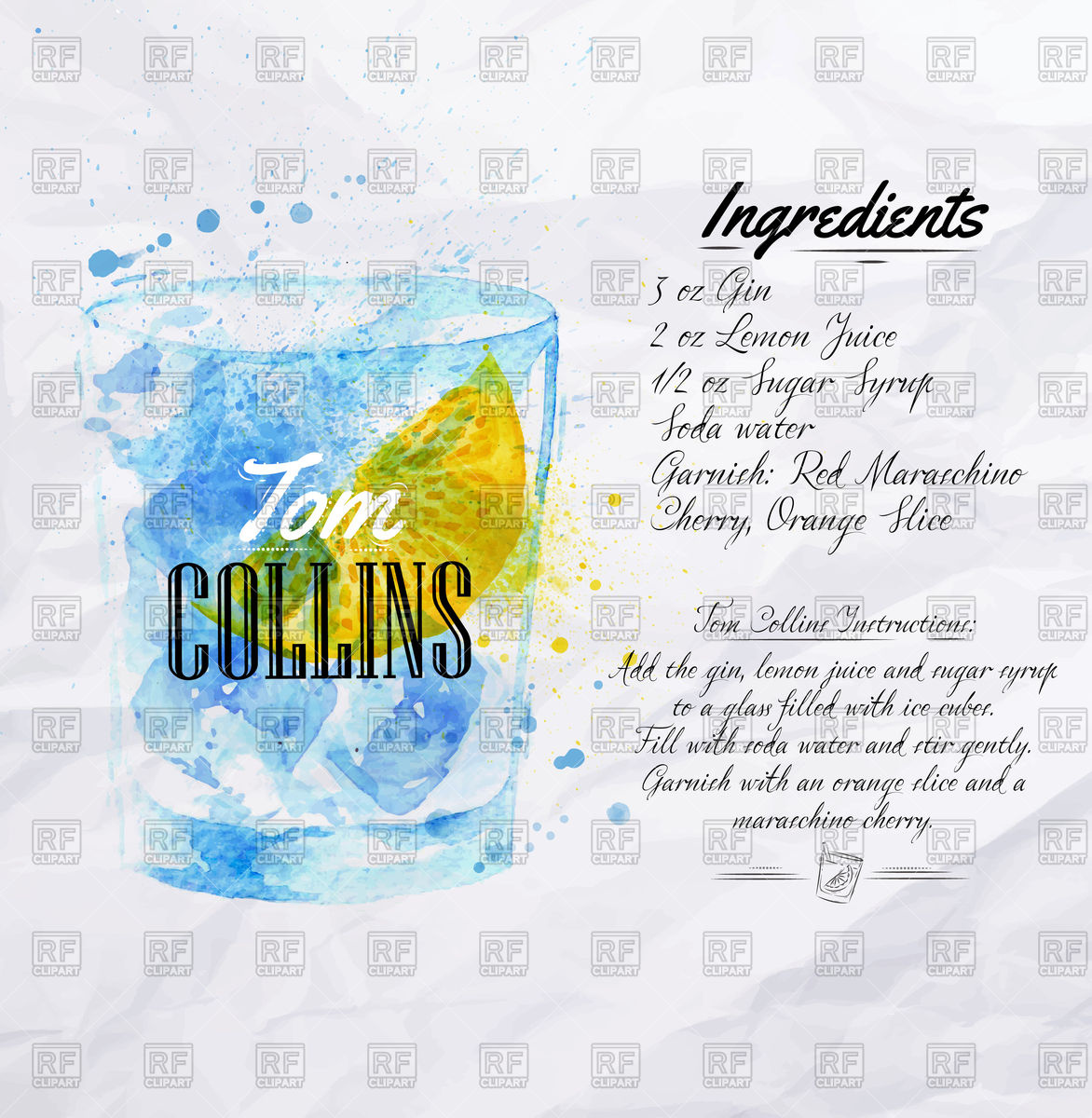 Tom Collins Cocktail Watercolor Drawn, Including Recipe Vector 1172x1200 Tom Collins Cocktail Watercolor Drawn, Including Recipe Vector