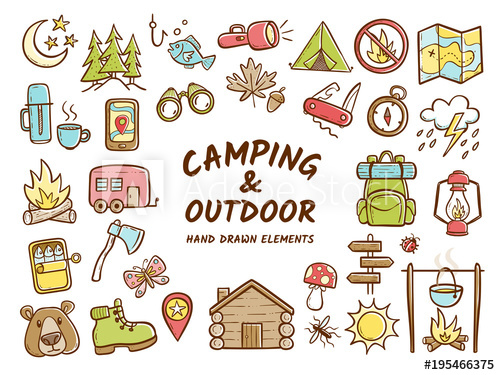 500x375 Hand Drawn Camping And Outdoor Recreation Elements, Isolated