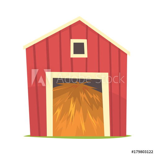 500x500 Red Barn With Hay, Wooden Agricultural Building Cartoon Vector