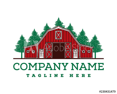 500x400 Hand Drawing Vector Red Barn On The Farm Fields With Pine Tree