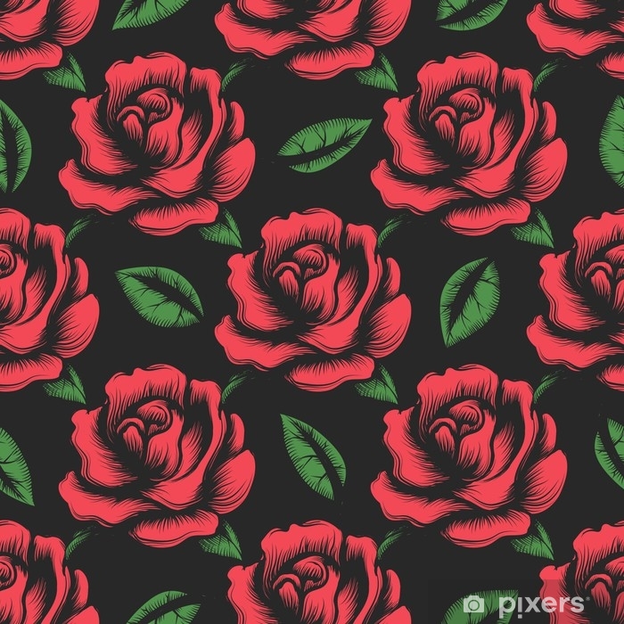 700x700 Red Rose Flower Seamless Pattern With Green Leaves On Black