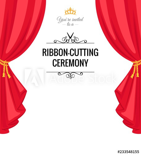 457x500 Ribbon Cutting Ceremony Poster With Red Curtains Vector