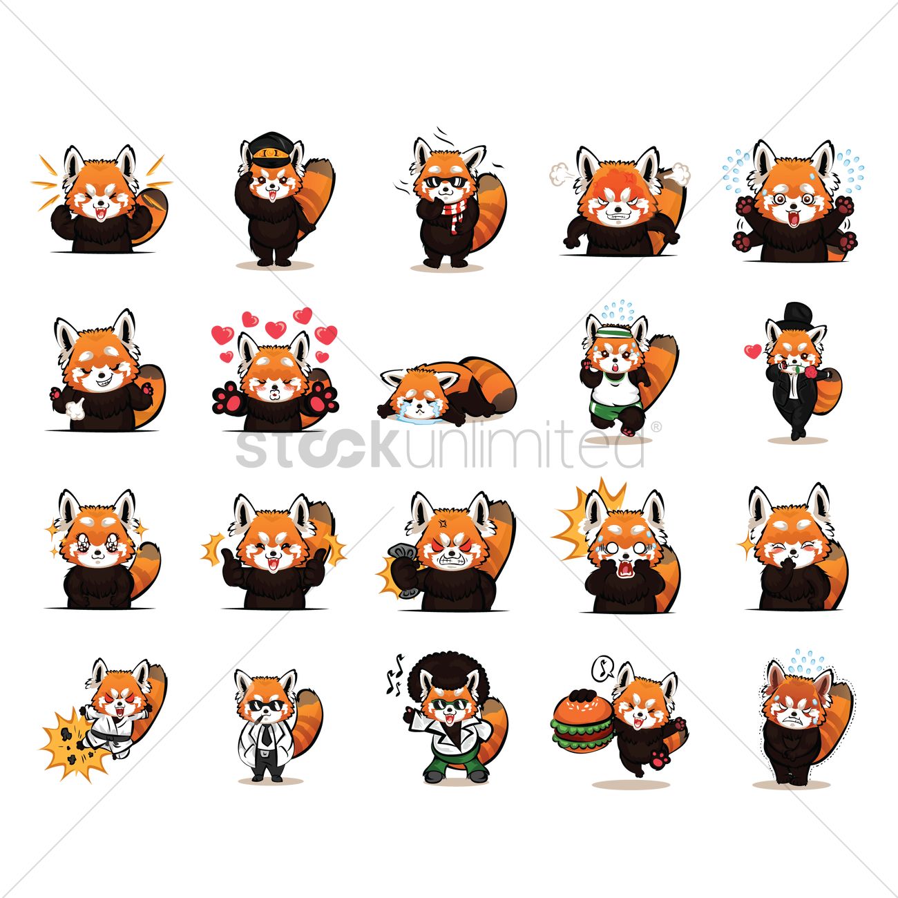 1300x1300 Cartoon Red Panda Expressions Pack Vector Image