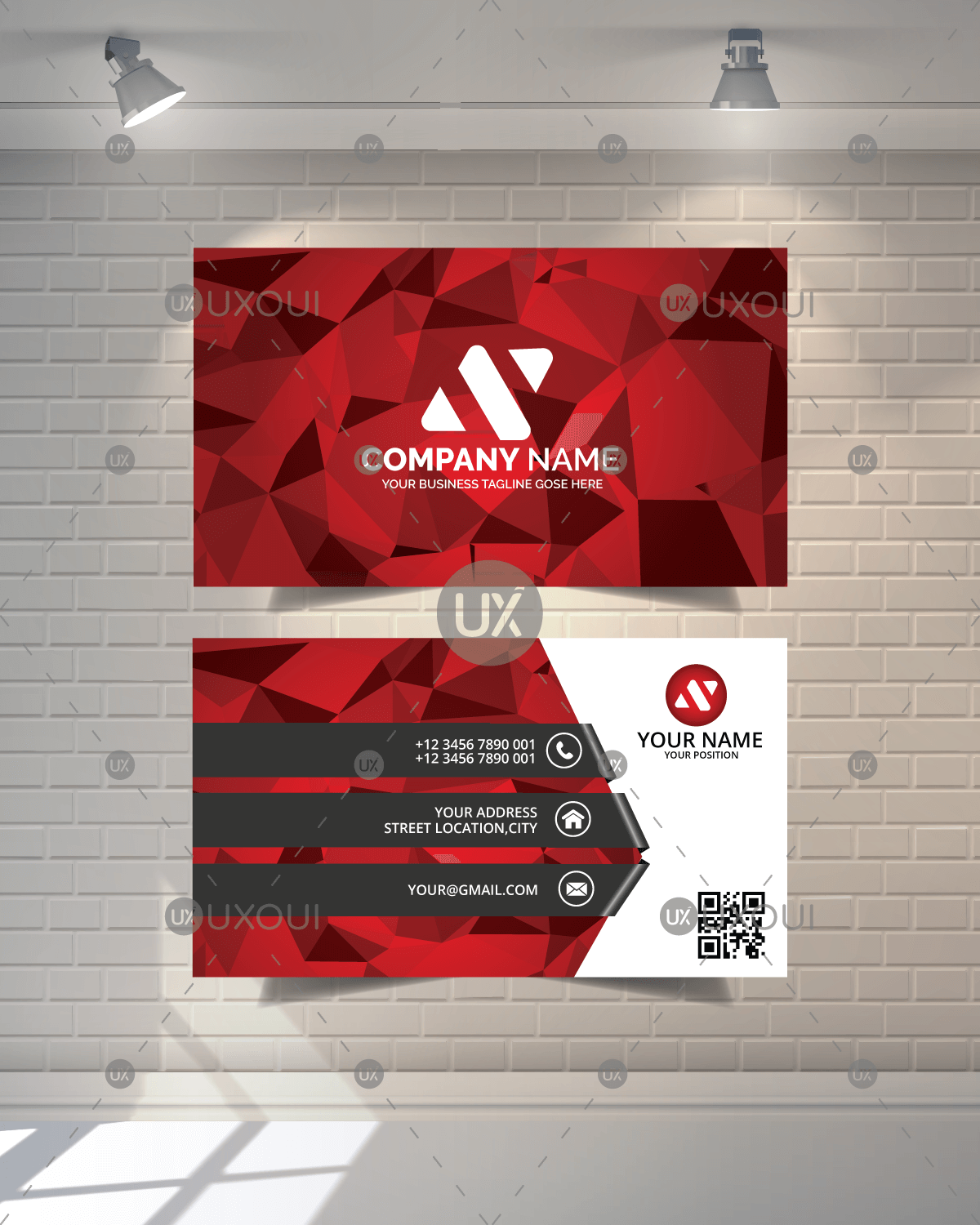 1200x1500 Business Card Design Template With Red Polygon Background Vector