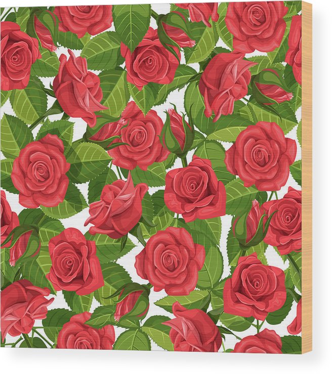 656x740 Red Rose Vector Illustration Seamless Background Wood Print