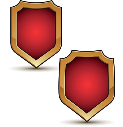 409x421 Refined Vector Red Shield Shape Emblems With Golden Borders