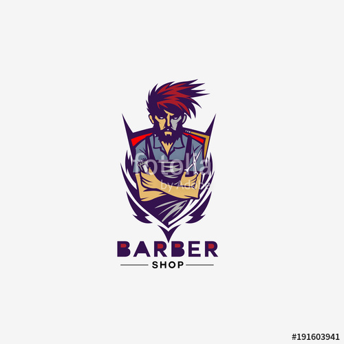 500x500 Blue And Red Shield Barber Shop Logo Vector Illustration Stock