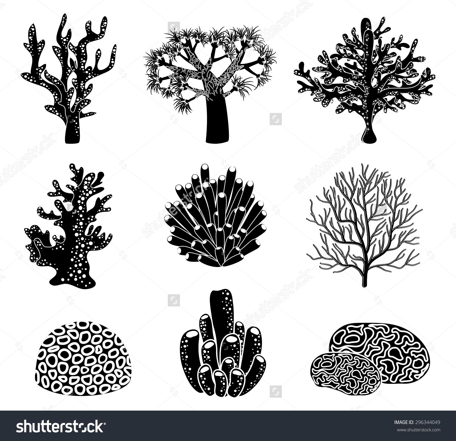 1500x1450 Vector Set Of Black Coral Silhouettes Underwater Life, Reef